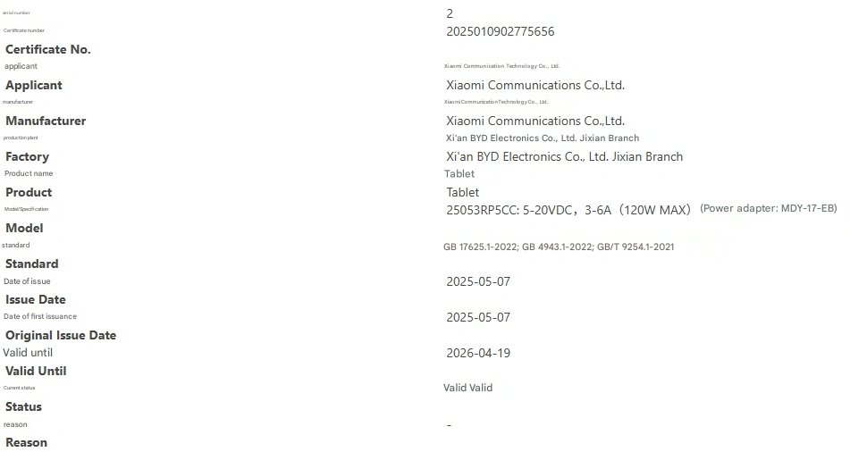 Xiaomi New 14-inch Tablet 3C Certification Leak