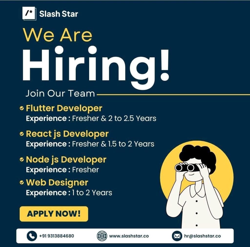 Slash Star is Hiring Flutter, React.js, Node.js Developers & Web Designers 2025