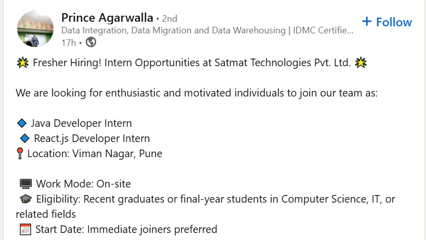 Java & React.js Developer Internships at Satmat Technologies